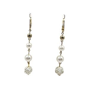 Faux Pearl Rose Dangle Earrings Gold Tone Drop Statement Handmade